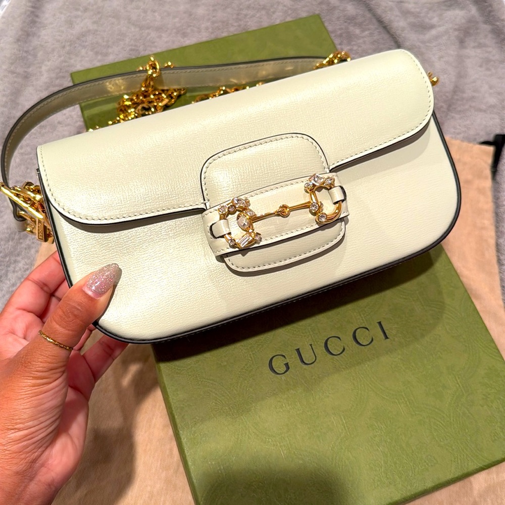 Gucci Horsebit 1955 Crystals Shoulder Bag with Gold Chain (Mint Green)